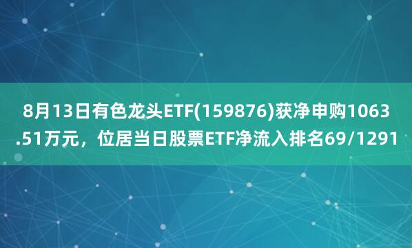 8月13日有色龙头ETF(159876)获净申购1063.51万元，位居当日股票ETF净流入排名69/1291